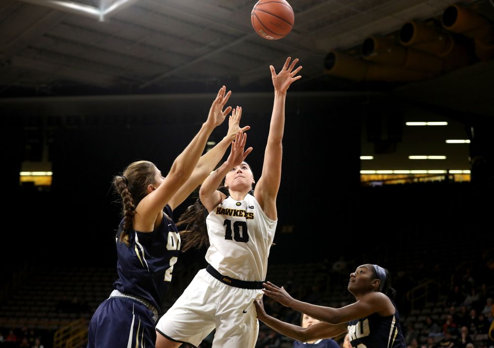 Iowa Hawkeyes forward Megan Gustafson (10) against Oral Roberts University Friday, November 9, 2018 at Carver-Hawkeye Arena. (Brian Ray/hawkeyesports.com)