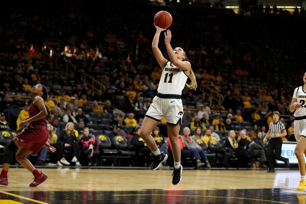 Iowa Hawkeyes guard Megan Meyer (11) against North Carolina Central Saturday, December 14, 2019 at Carver-Hawkeye Arena. (Brian Ray/hawkeyesports.com)