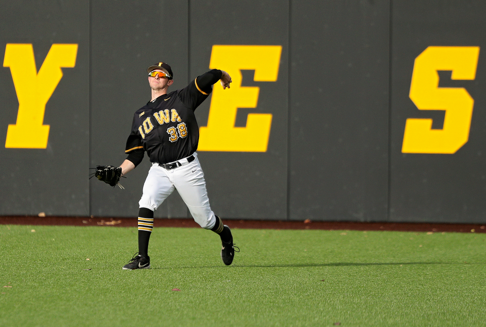 Iowa outfielder Trenton Wallace (38) throws a ball back to the infield during the third inning of the first game of the Black and Gold Fall World Series at Duane Banks Field in Iowa City on Tuesday, Oct 15, 2019. (Stephen Mally/hawkeyesports.com)