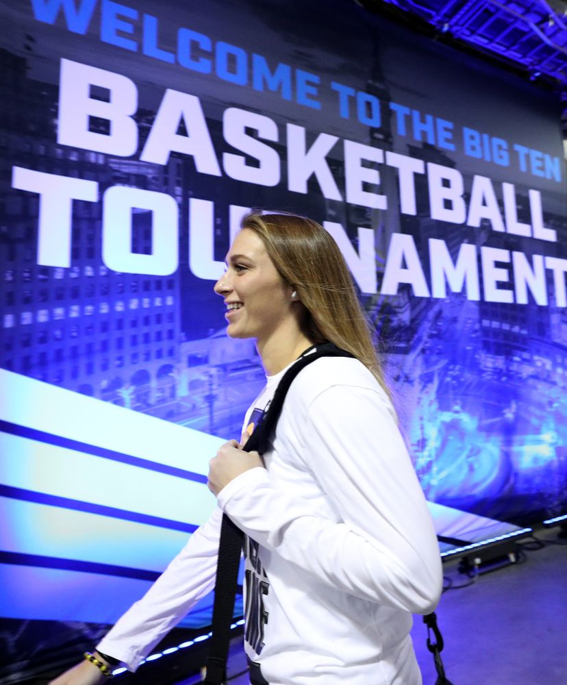 Iowa Hawkeyes guard Makenzie Meyer (3) arrives for their game against Ohio State in the quarterfinals of the Big Ten Basketball Tournament Friday, March 6, 2020 at Bankers Life Fieldhouse in Indianapolis. (Brian Ray/hawkeyesports.com)