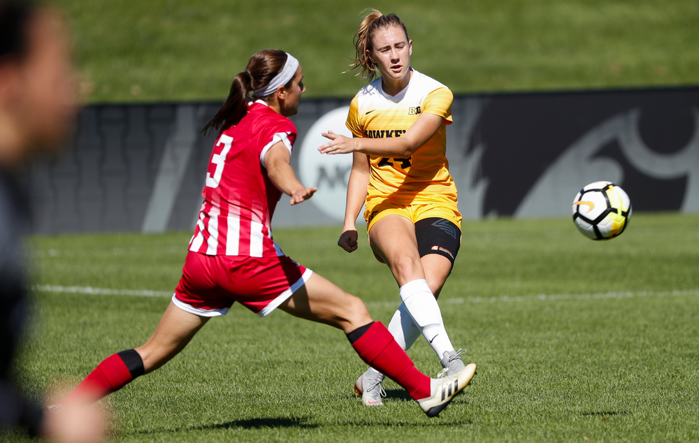 Iowa Hawkeyes defender Sara Wheaton (24) passes the ball during a game against Indiana at the Iowa Soccer Complex on September 23, 2018. (Tork Mason/hawkeyesports.com)