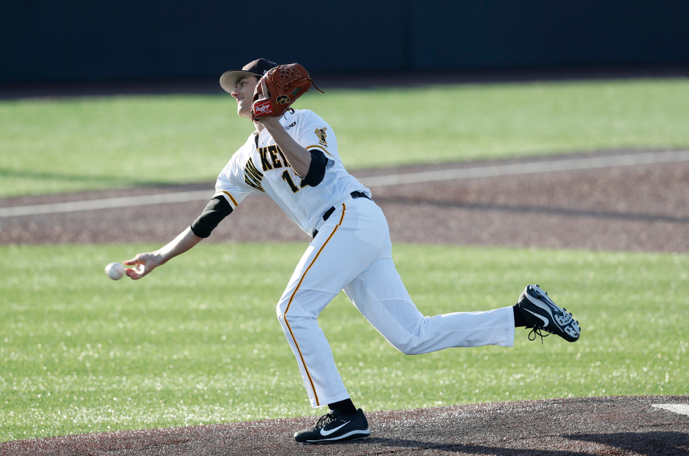 Iowa Hawkeyes pitcher Nick Nelsen (12) against Northern Illinois Tuesday, April 17, 2018 at Duane Banks Field. (Brian Ray/hawkeyesports.com)