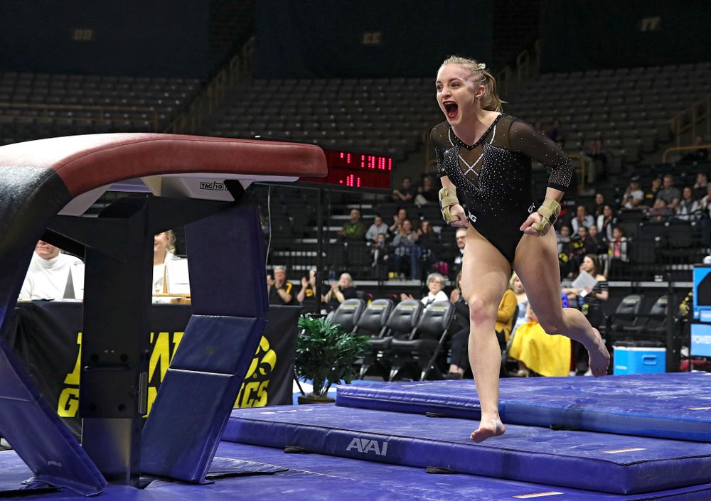 Iowa’s Lauren Guerin competes on the vault during their meet at Carver-Hawkeye Arena in Iowa City on Sunday, March 8, 2020. (Stephen Mally/hawkeyesports.com)