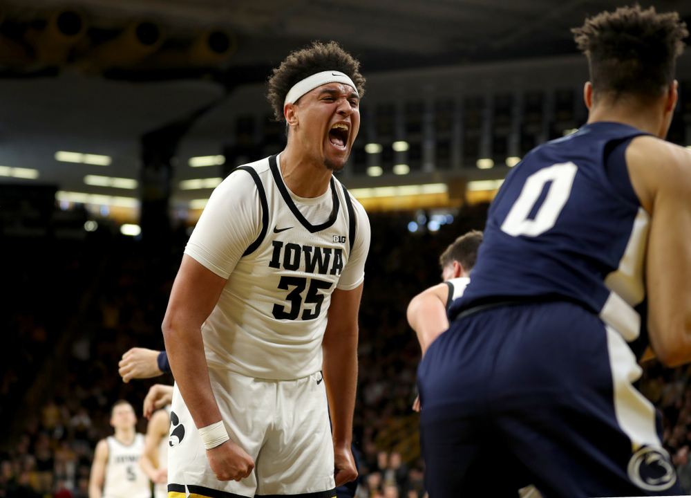 Iowa Hawkeyes forward Cordell Pemsl (35) reacts following a basket against Penn State Saturday, February 29, 2020 at Carver-Hawkeye Arena. (Brian Ray/hawkeyesports.com)