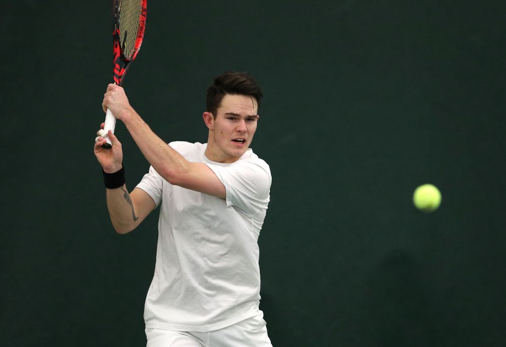Iowa's Jonas Larsen against North Dakota Friday, January 25, 2019 at the Hawkeye Tennis and Recreation Complex. (Brian Ray/hawkeyesports.com)