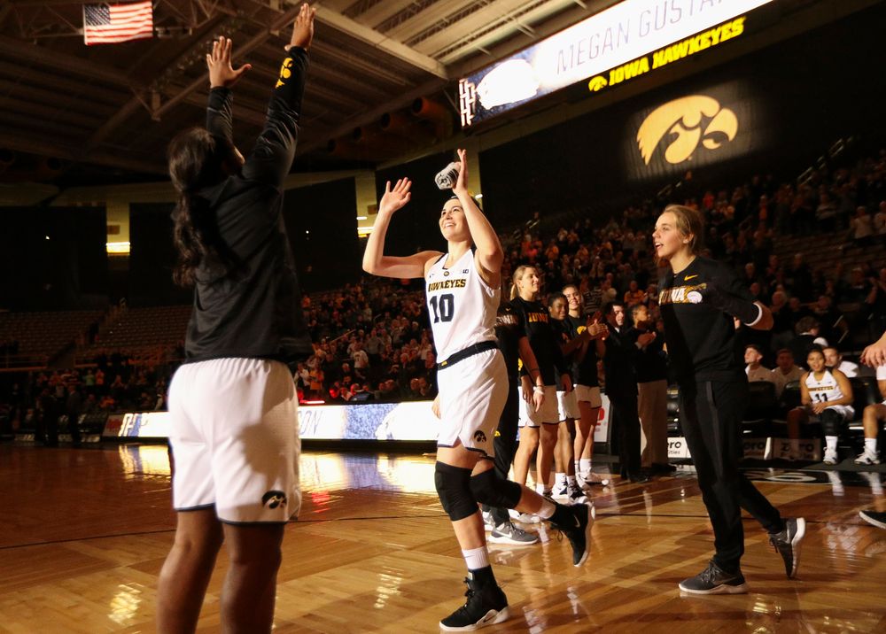 Iowa Hawkeyes forward Megan Gustafson (10) is introduced before a game against North Carolina Central at Carver-Hawkeye Arena on November 17, 2018. (Tork Mason/hawkeyesports.com)