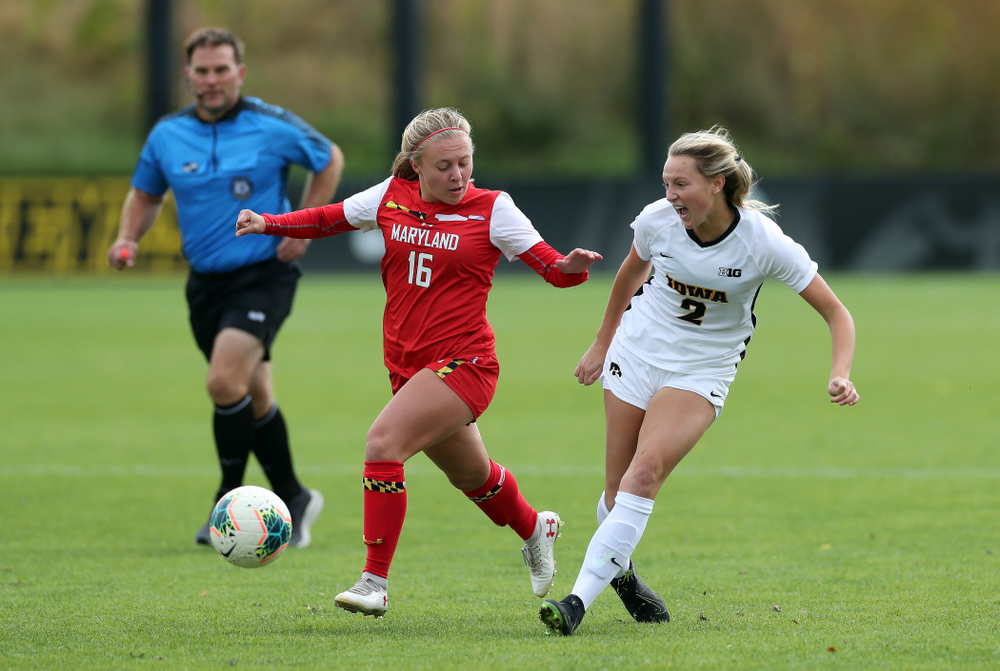 Iowa Hawkeyes midfielder Hailey Rydberg (2) against the Maryland Terrapins Sunday, October 13, 2019 on senior day. (Brian Ray/hawkeyesports.com)