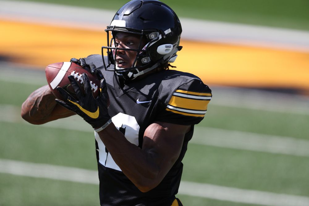 Iowa Hawkeyes wide receiver Brandon Smith (12) during Fall Camp Practice No. 5 Tuesday, August 6, 2019 at the Ronald D. and Margaret L. Kenyon Football Practice Facility. (Brian Ray/hawkeyesports.com)