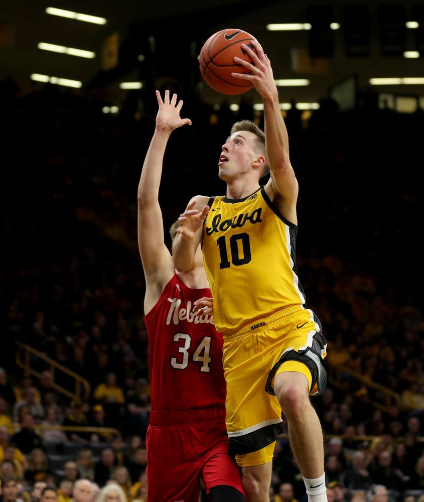 Iowa Hawkeyes guard Joe Wieskamp (10) against the Nebraska Cornhuskers Saturday, February 8, 2020 at Carver-Hawkeye Arena. (Brian Ray/hawkeyesports.com)