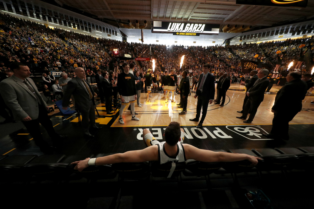 Iowa Hawkeyes forward Luka Garza (55) waits to be introduced before their game against Penn State Saturday, February 29, 2020 at Carver-Hawkeye Arena. (Brian Ray/hawkeyesports.com)