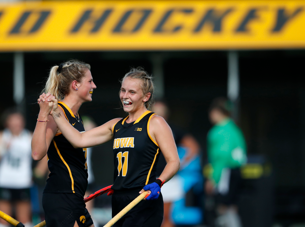 Iowa Hawkeyes Katie Birch (11) and Ellie Holley (7) against Dartmouth Friday, August 31, 2018 at Grant Field. (Brian Ray/hawkeyesports.com)