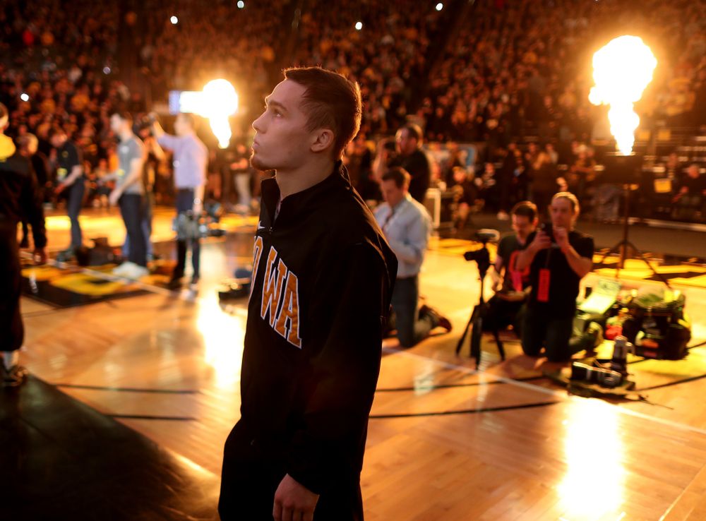 Iowa’s Spencer Lee waits to be introduced before their meet against Penn State Friday, January 31, 2020 at Carver-Hawkeye Arena. (Brian Ray/hawkeyesports.com)