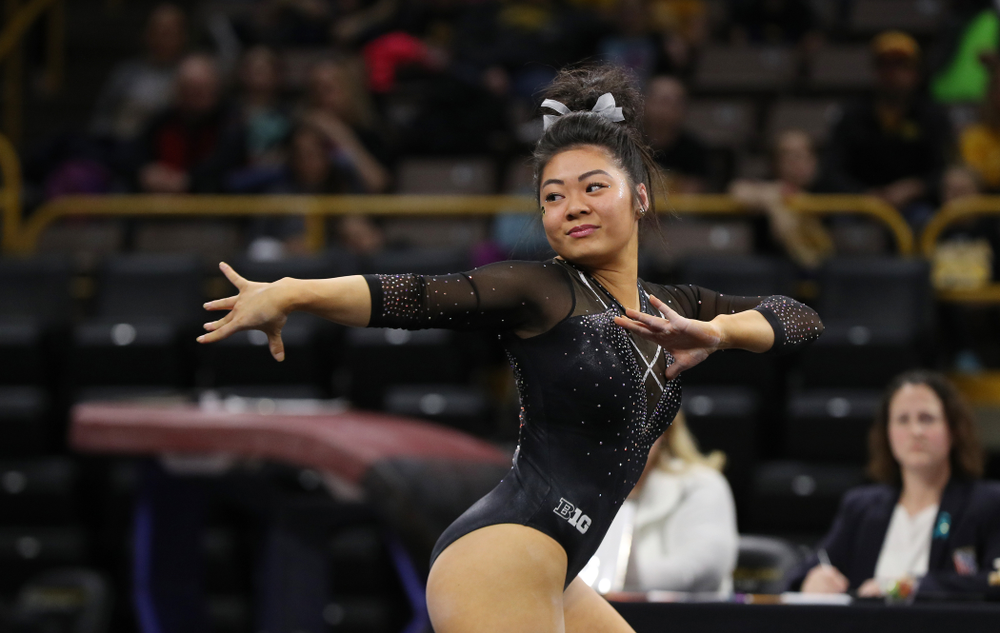 Clair Kaji competes on the floor against Illinois Saturday, February 16, 2019 at Carver-Hawkeye Arena. (Brian Ray/hawkeyesports.com)