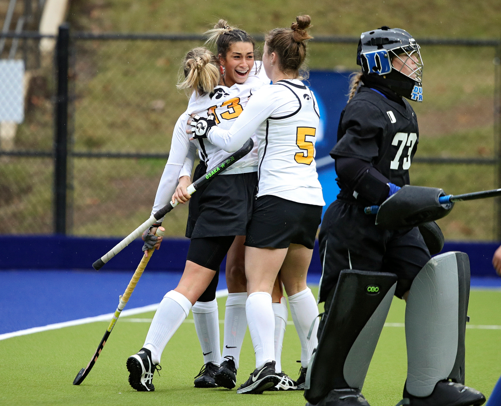 Iowa’s Leah Zellner (13) celebrates her goal with Ciara Smith (17) and Meghan Conroy (5) during the first quarter of their NCAA Tournament First Round match against Duke at Karen Shelton Stadium in Chapel Hill, N.C. on Friday, Nov 15, 2019. (Stephen Mally/hawkeyesports.com)