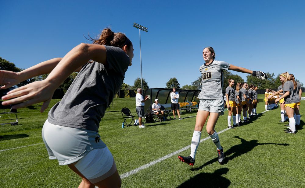 Iowa Hawkeyes goalkeeper Cora Meyers (00) is introduced before a game against Indiana at the Iowa Soccer Complex on September 23, 2018. (Tork Mason/hawkeyesports.com)