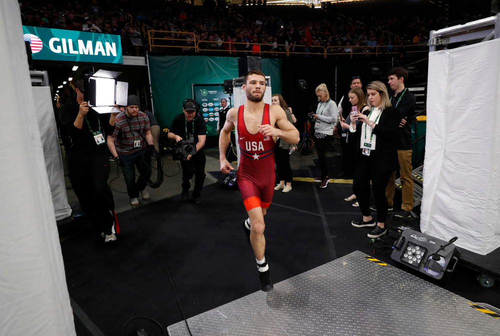 Thomas Gilman during session three of the United World Wrestling Freestyle World Cup Sunday, April 8, 2018 at Caver-Hawkeye Arena. (Brian Ray/hawkeyesports.com)
