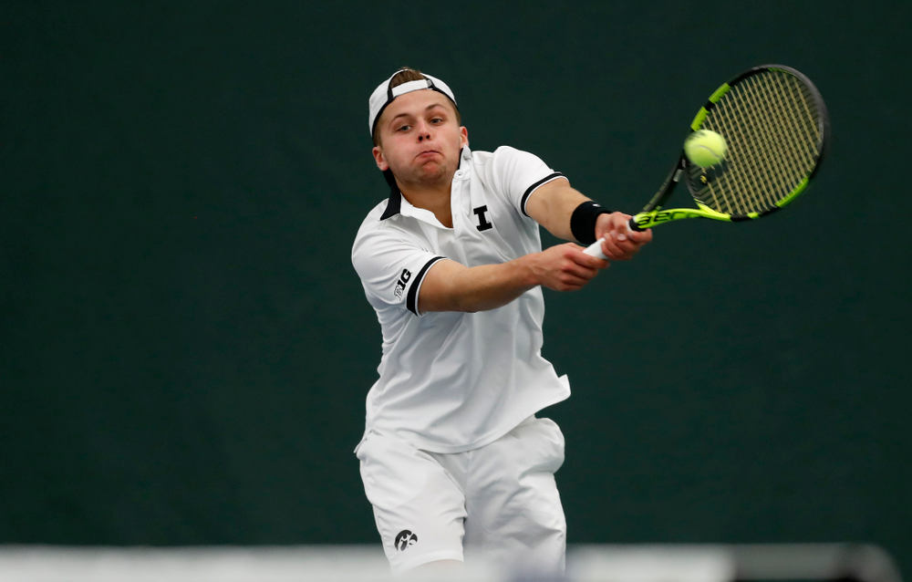 Will Davies against Purdue Sunday, April 15, 2018 at the Hawkeye Tennis and Recreation Center. (Brian Ray/hawkeyesports.com)