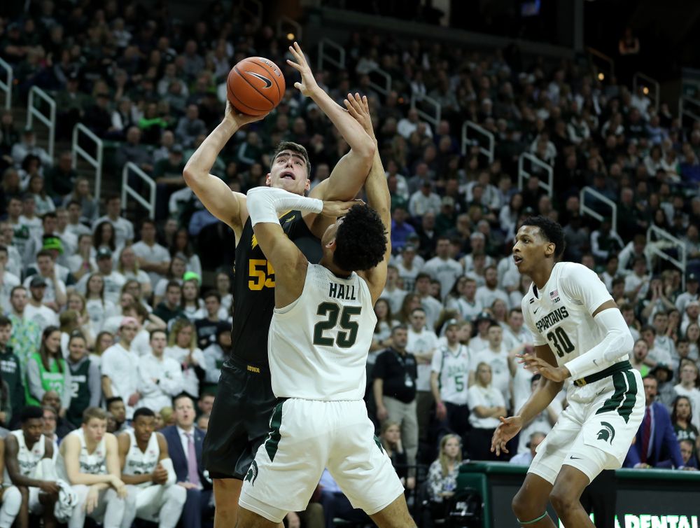 Iowa Hawkeyes forward Luka Garza (55) against Michigan State Tuesday, February 25, 2020 at the Breslin Center in East Lansing, MI. (Brian Ray/hawkeyesports.com)