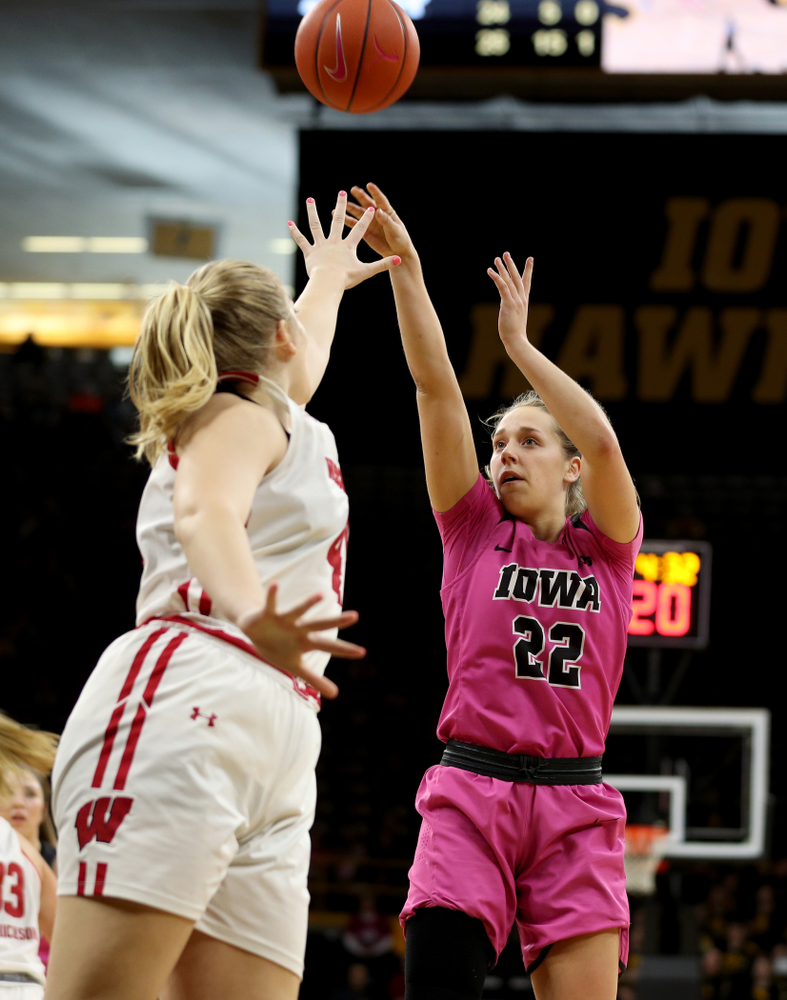 Iowa Hawkeyes guard Kathleen Doyle (22) against the Wisconsin Badgers Sunday, February 16, 2020 at Carver-Hawkeye Arena. (Brian Ray/hawkeyesports.com)