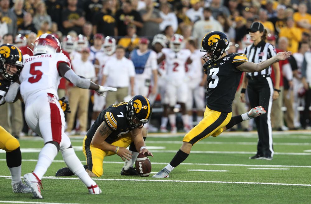 Iowa Hawkeyes place kicker Keith Duncan (3) kicks a field goal against the Miami RedHawks Saturday, August 31, 2019 at Kinnick Stadium in Iowa City. (Brian Ray/hawkeyesports.com)