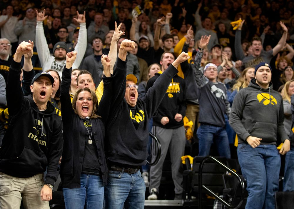 Iowa fans cheer on Alex Marinelli in his 165-pound match during their dual at Carver-Hawkeye Arena in Iowa City on Friday, January 31, 2020. (Stephen Mally/hawkeyesports.com)