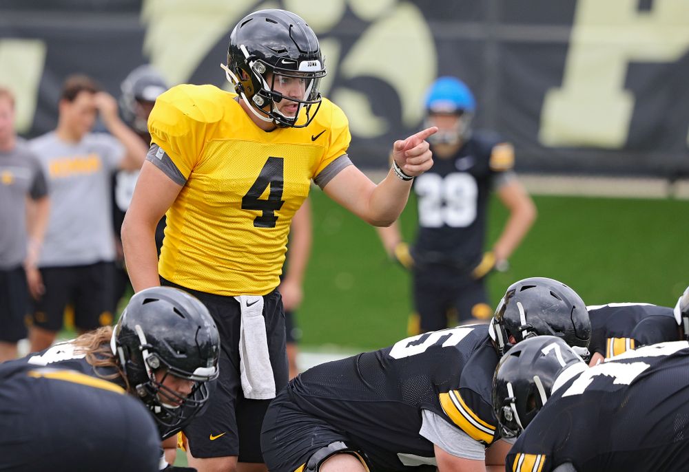 Iowa Hawkeyes quarterback Nate Stanley (4) points across the line during Fall Camp Practice No. 15 at the Hansen Football Performance Center in Iowa City on Monday, Aug 19, 2019. (Stephen Mally/hawkeyesports.com)