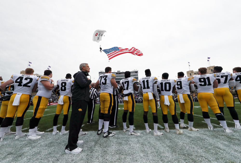 Iowa Hawkeyes head coach Kirk Ferentz against the Northwestern Wildcats Saturday, October 26, 2019 at Ryan Field in Evanston, Ill. (Brian Ray/hawkeyesports.com)
