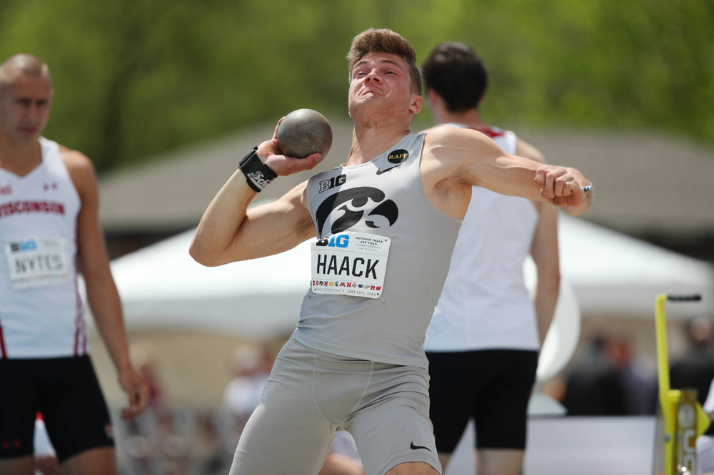 Iowa's Peyton Haack during the men's shot put at the Big Ten Outdoor Track and Field Championships at Francis X. Cretzmeyer Track on Friday, May 10, 2019. (Lily Smith/hawkeyesports.com)