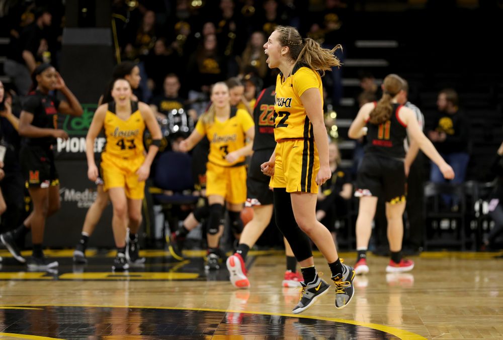 Iowa Hawkeyes guard Kathleen Doyle (22) celebrates following their victory against the Maryland Terrapins Thursday, January 9, 2020 at Carver-Hawkeye Arena. (Brian Ray/hawkeyesports.com)