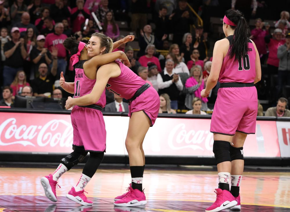 Iowa Hawkeyes guard Tania Davis (11) and forward Hannah Stewart (21) against the seventh ranked Maryland Terrapins Sunday, February 17, 2019 at Carver-Hawkeye Arena. (Brian Ray/hawkeyesports.com)