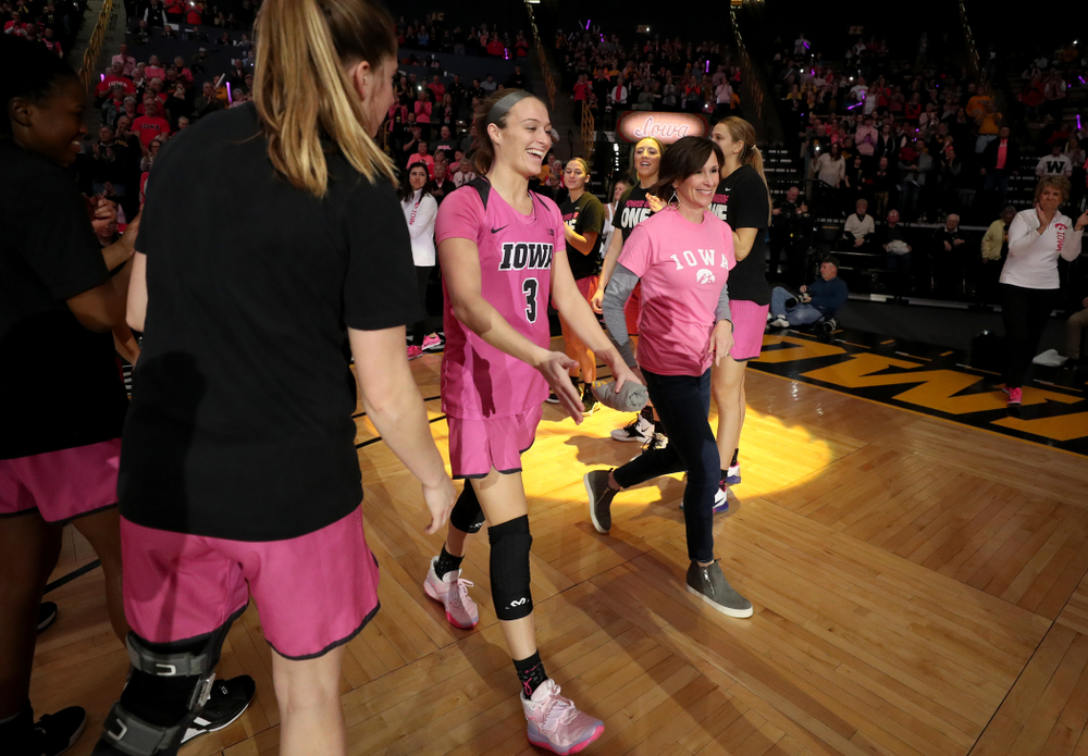 Iowa Hawkeyes guard Makenzie Meyer (3) is introduced before their game against the Wisconsin Badgers Sunday, February 16, 2020 at Carver-Hawkeye Arena. (Brian Ray/hawkeyesports.com)