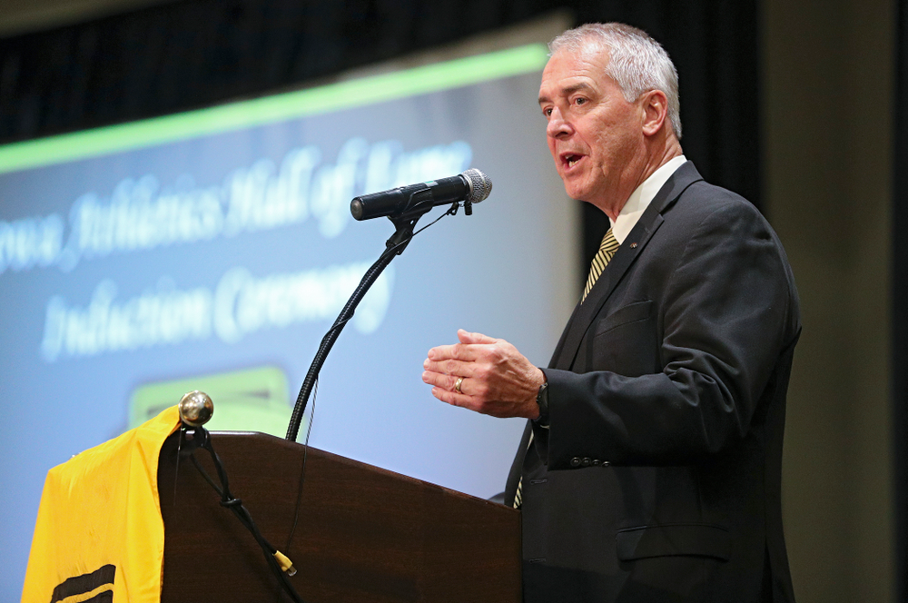 Henry B. and Patricia B. Tippie Director of Athletics Chair Gary Barta speaks during the Hall of Fame Induction Ceremony at the Coralville Marriott Hotel and Conference Center in Coralville on Friday, Aug 30, 2019. (Stephen Mally/hawkeyesports.com)