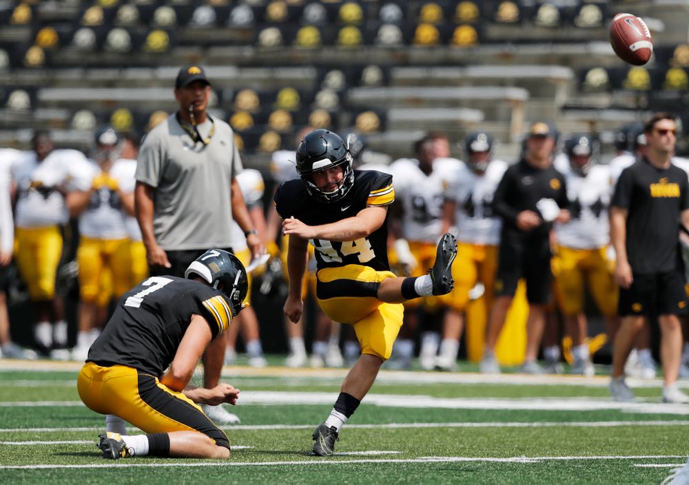 Iowa Hawkeyes place kicker Caleb Shudak (94) during Kids Day Saturday, August 11, 2018 at Kinnick Stadium. (Brian Ray/hawkeyesports.com)