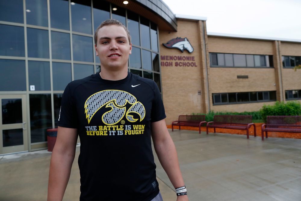 Iowa Hawkeyes quarterback Nathan Stanley (4) stands in front of Menomonie High School Wednesday, May 30, 2018 in Menomonie, Wisc. (Brian Ray/hawkeyesports.com)
