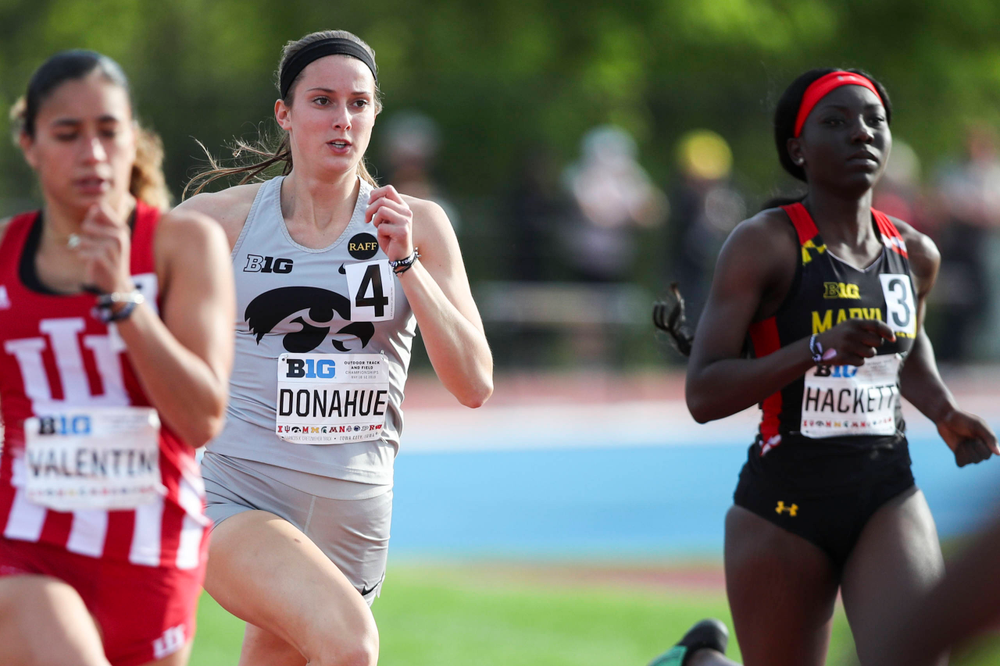Iowa's Carly Donahue runs during the women's 400-meter hurdles at the Big Ten Outdoor Track and Field Championships at Francis X. Cretzmeyer Track on Friday, May 10, 2019. (Lily Smith/hawkeyesports.com)