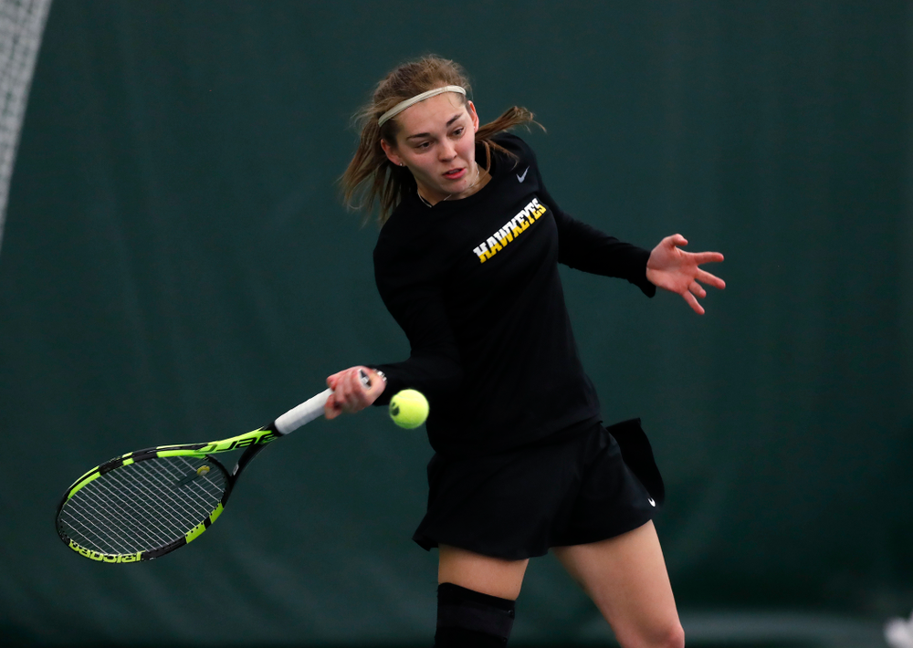Zoe Douglas against Ohio State Sunday, March 25, 2018 at the Hawkeye Tennis and Recreation Center. (Brian Ray/hawkeyesports.com)