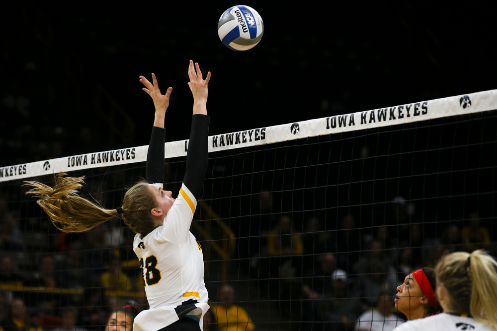 Iowa Hawkeyes middle blocker Hannah Clayton (18) during Iowa volleyball vs Maryland on Saturday, November 30, 2019 at Carver-Hawkeye Arena. (Lily Smith/hawkeyesports.com)