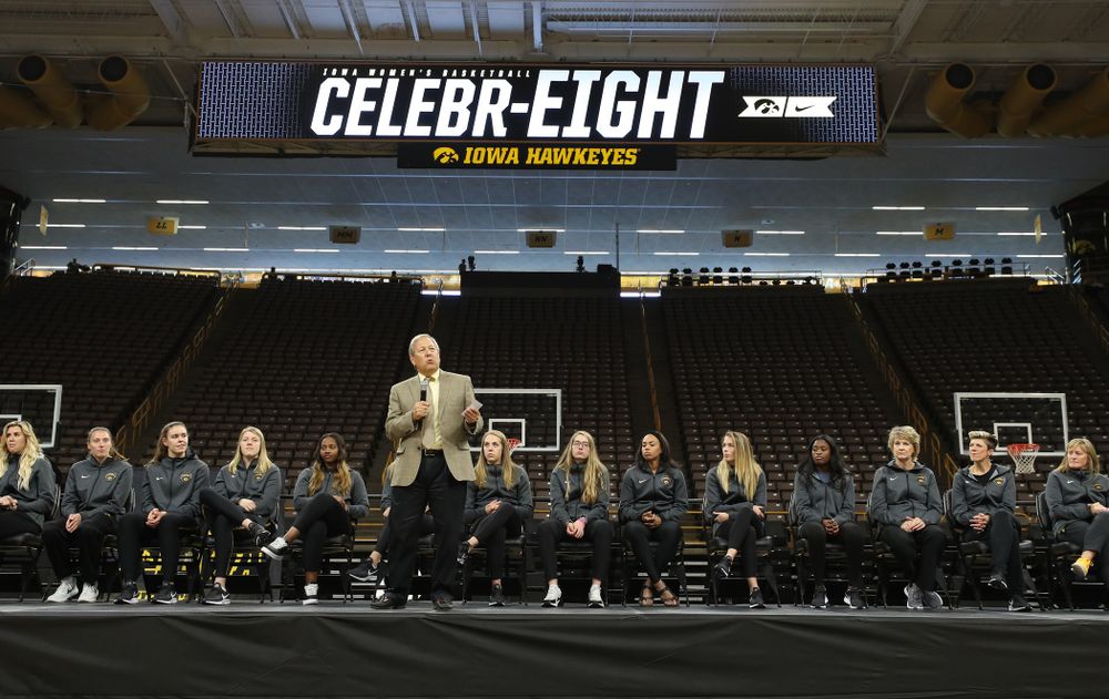 University of Iowa President Bruce Harreld speaks during the Iowa WomenÕs Basketball Celebr-Eight event Wednesday, April 24, 2019 at Carver-Hawkeye Arena. (Brian Ray/hawkeyesports.com)