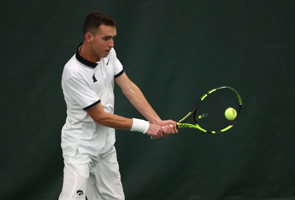 Iowa's Kareem Allaf against North Dakota Friday, January 25, 2019 at the Hawkeye Tennis and Recreation Complex. (Brian Ray/hawkeyesports.com)