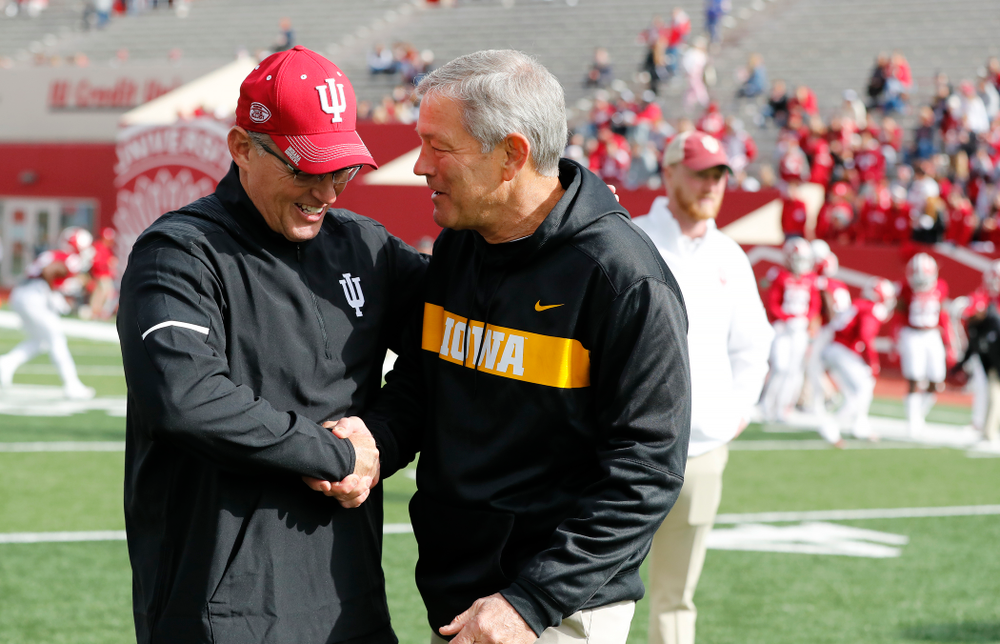Iowa Hawkeyes head coach Kirk Ferentz and Indiana Hoosiers head coach Tom Allen Saturday, October 13, 2018 at Memorial Stadium, in Bloomington, Ind. (Brian Ray/hawkeyesports.com)