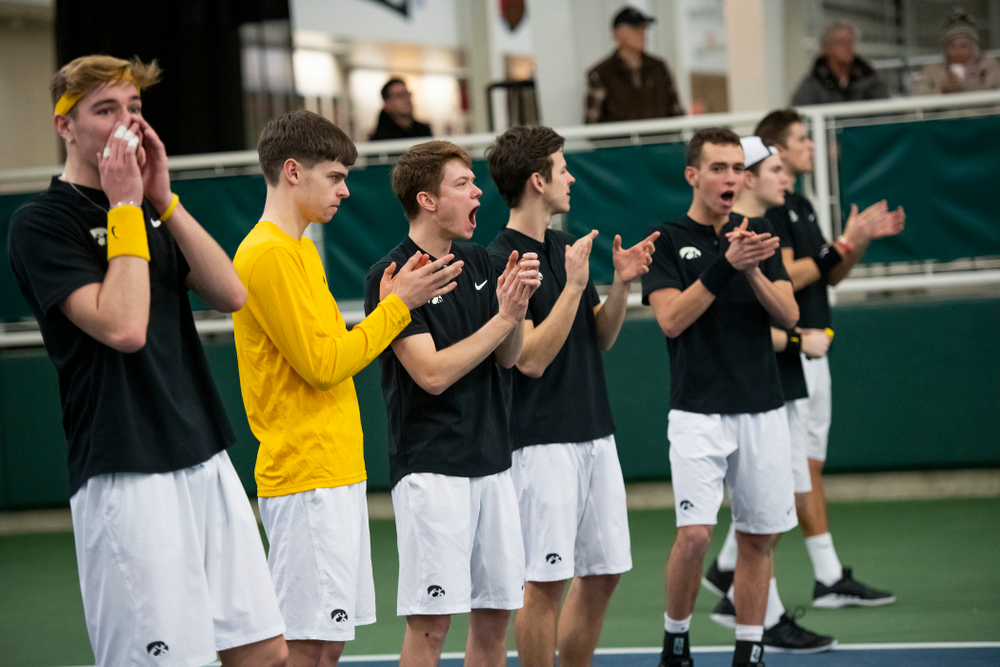 The Iowa men's tennis team competes against Cornell in The Rise Tennis Center in Ithaca, NY on Sunday, Feb. 24, 2019.