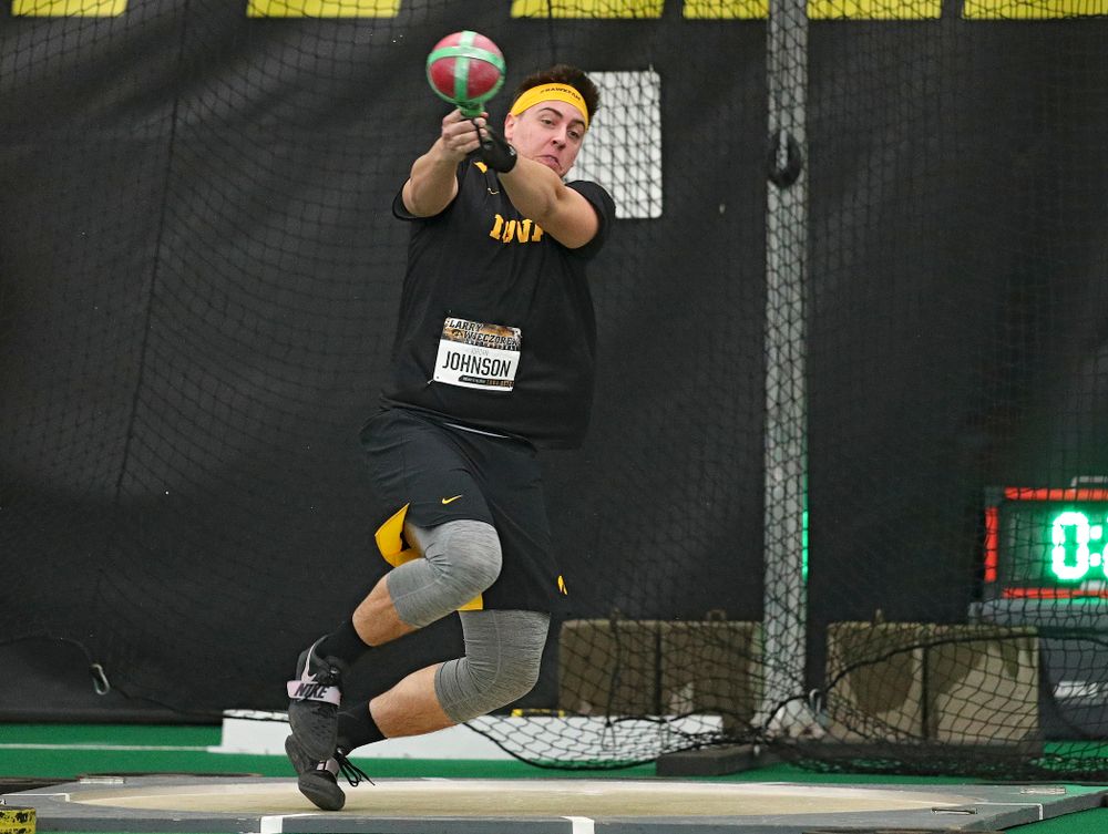 Iowa’s Jordan Johnson throws in the men’s weight throw event during the Larry Wieczorek Invitational at the Hawkeye Tennis and Recreation Complex in Iowa City on Friday, January 17, 2020. (Stephen Mally/hawkeyesports.com)