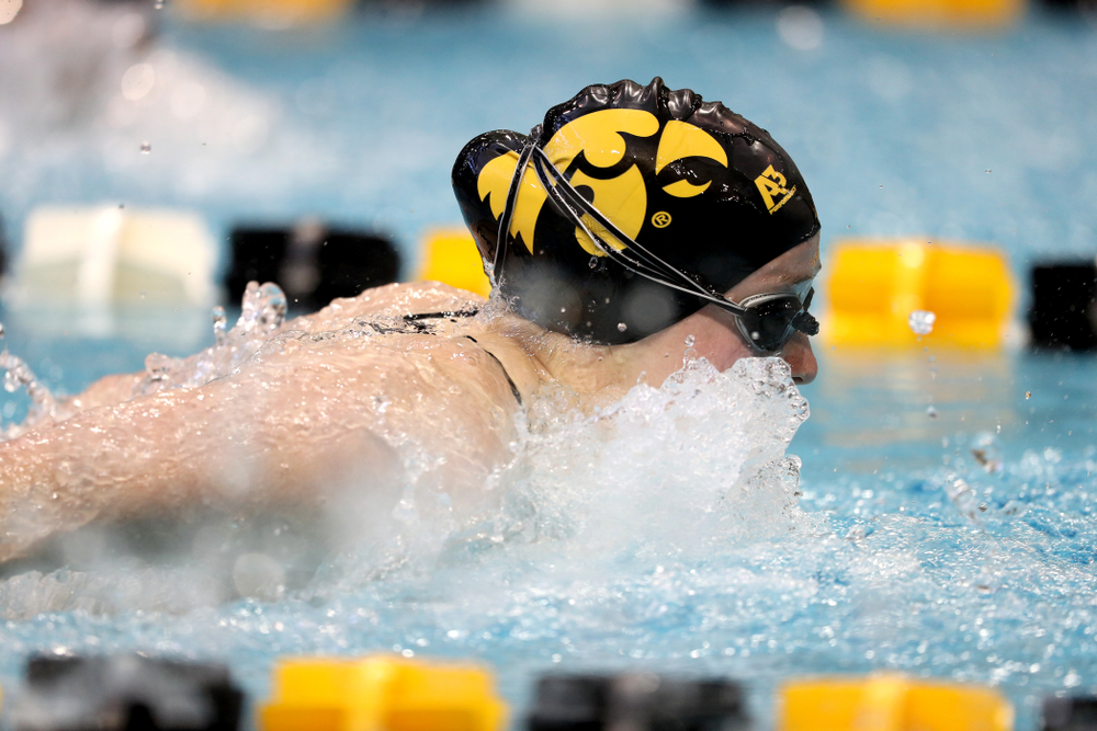 Iowa's Kelsey Drake swims the 200 yard butterfly during a double dual against Wisconsin and Northwestern Saturday, January 19, 2019 at the Campus Recreation and Wellness Center. (Brian Ray/hawkeyesports.com)