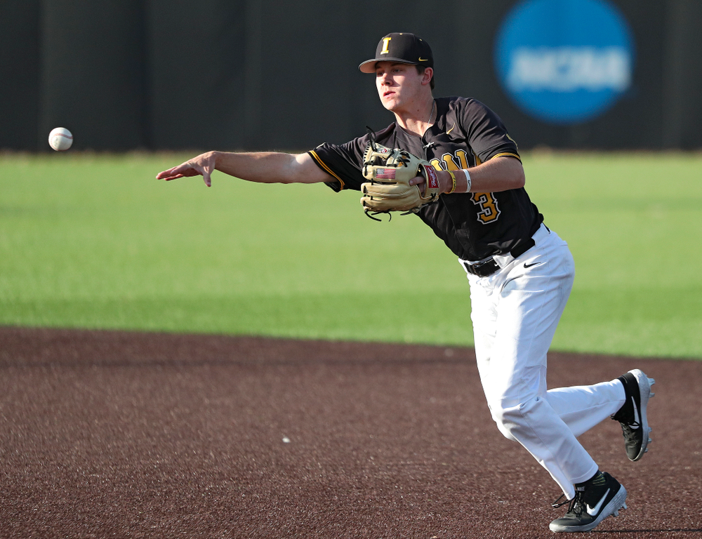 Iowa infielder Sam Link (3) throws to first for an out during the fourth inning of the first game of the Black and Gold Fall World Series at Duane Banks Field in Iowa City on Tuesday, Oct 15, 2019. (Stephen Mally/hawkeyesports.com)