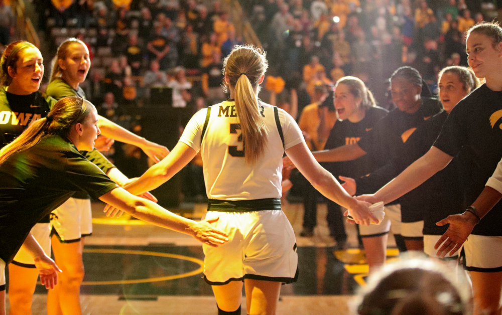 Iowa Hawkeyes guard Makenzie Meyer (3) is introduced before their game at Carver-Hawkeye Arena in Iowa City on Tuesday, December 31, 2019. (Stephen Mally/hawkeyesports.com)