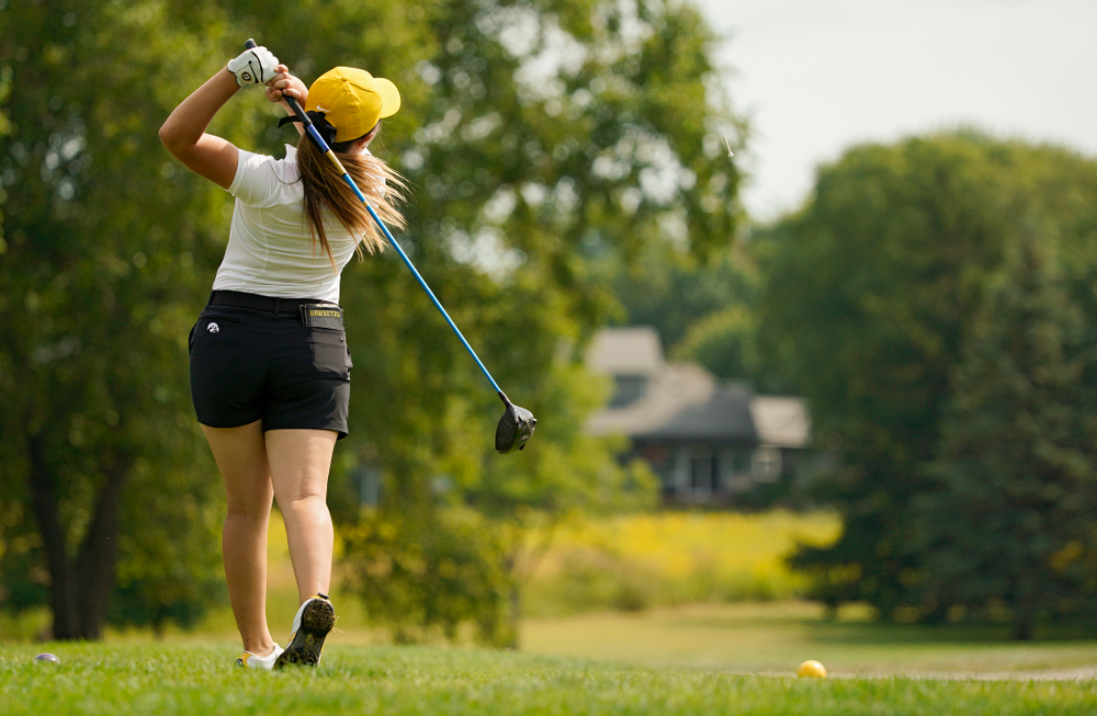 Iowa’s Manuela Lizarazu tees off during their dual against Northern Iowa at Pheasant Ridge Golf Course in Cedar Falls on Monday, Sep 2, 2019. (Stephen Mally/hawkeyesports.com)