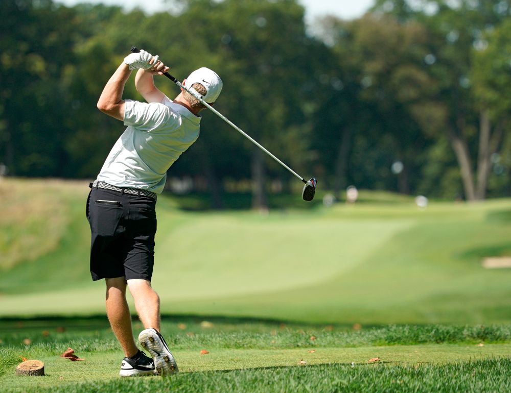 Iowa’s Matthew Garside tees off during the second day of the Golfweek Conference Challenge at the Cedar Rapids Country Club in Cedar Rapids on Monday, Sep 16, 2019. (Stephen Mally/hawkeyesports.com)