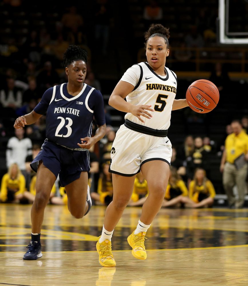 Iowa Hawkeyes guard Alexis Sevillian (5) against Penn State Saturday, February 22, 2020 at Carver-Hawkeye Arena. (Brian Ray/hawkeyesports.com)
