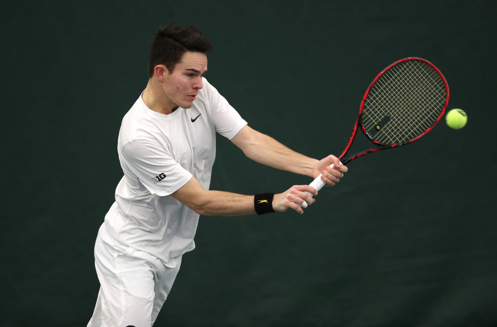 Iowa's Jonas Larsen against North Dakota Friday, January 25, 2019 at the Hawkeye Tennis and Recreation Complex. (Brian Ray/hawkeyesports.com)