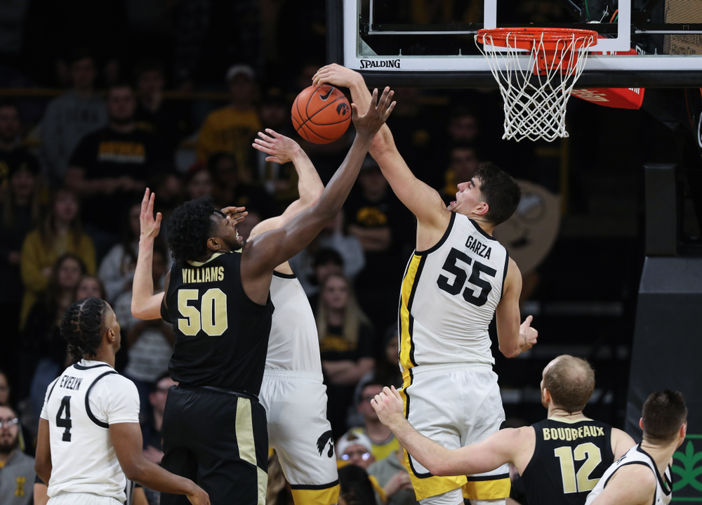 Iowa Hawkeyes forward Luka Garza (55) against the Purdue Boilermakers Tuesday, March 3, 2020 at Carver-Hawkeye Arena. (Brian Ray/hawkeyesports.com)